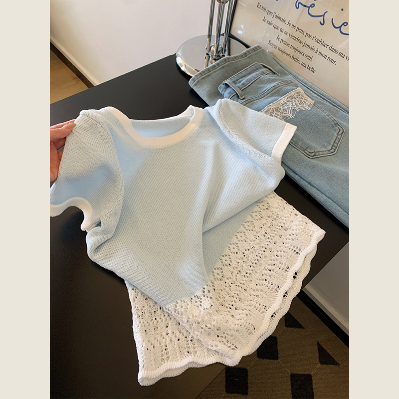 Women Knitted Short Sleeve T-Shirt Blue Elegant Summer Top
