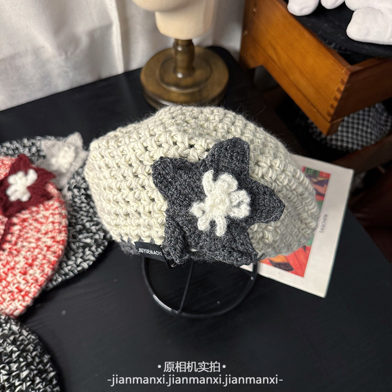 氛围感手工韩系花朵针织贝雷帽女秋冬新款百搭减龄甜美可爱蓓蕾帽|undefined