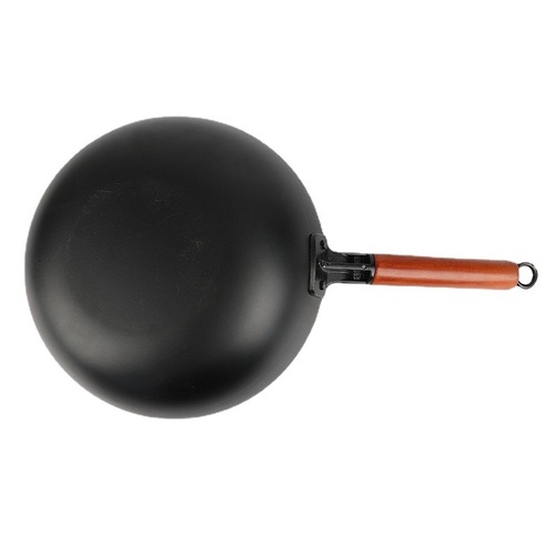 Old-fashioned wooden-handled iron wok for home multi-purpose non-coated frying pan, thick round bottom no-smoke iron wok, factory wholesale