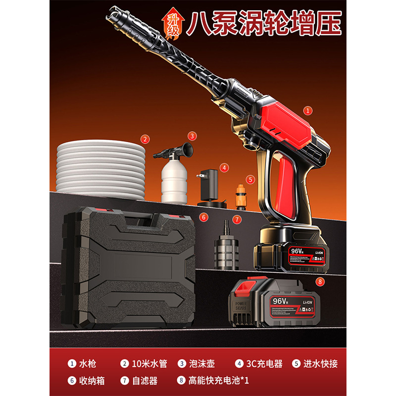 Washer Portable | Shiyong Portable car washer - upgraded-eight-pump-pulse-turbocharged-96vh-high-endurance-single-battery-40-sections-power-1-electric-1-charge-10m-water-pipe-storage-box-packaging