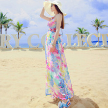 亚马逊碎花雪纺连衣裙波西米亚挂脖露肩抹胸女神印花拖地沙滩长裙