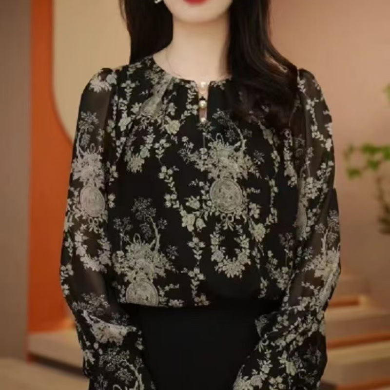 2025新款雪纺印花小衫减龄气质时尚显瘦洋气长袖衬衫碎花打底上衣|undefined