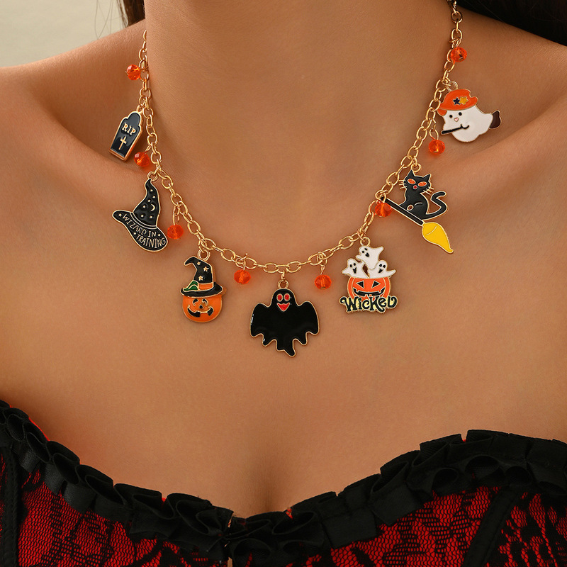 クロスボーダーネックレス卸売新しいハロウィンアクセサリーニッチハイエンドジュエリー鎖骨チェーンレディースペンダントライト高級ネックレス|undefined