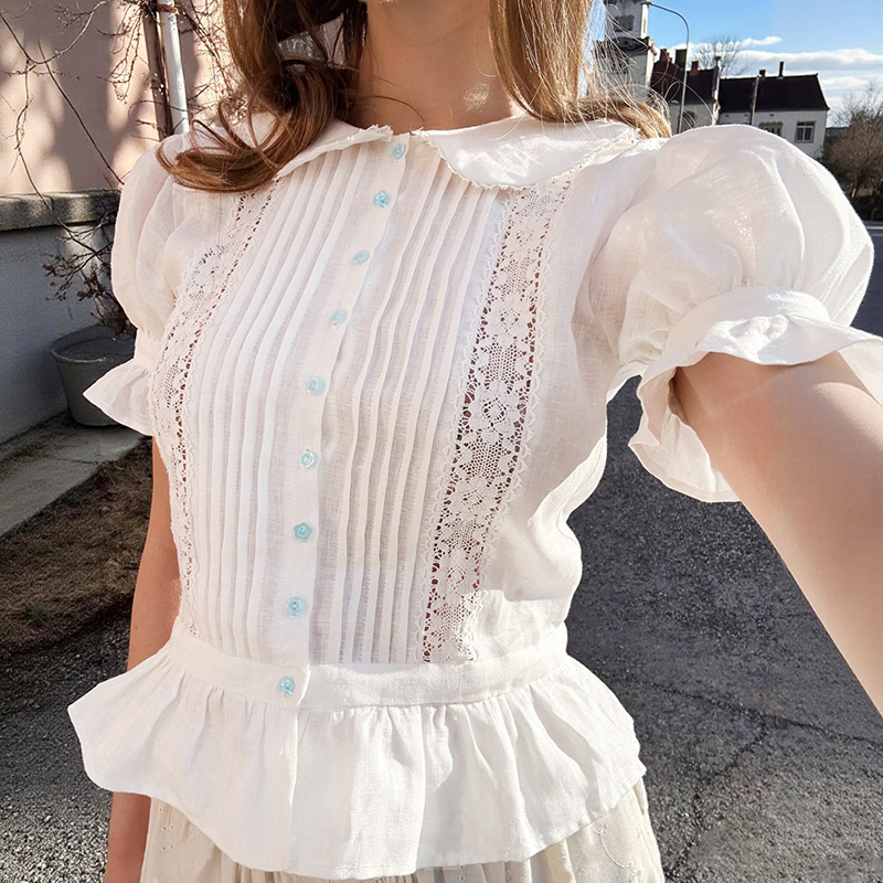 French-Style Niche 2026 Spring/Summer Gentle Puff Sleeve Doll Collar Lace Trim Ruffle Floral Button Shirt 26278