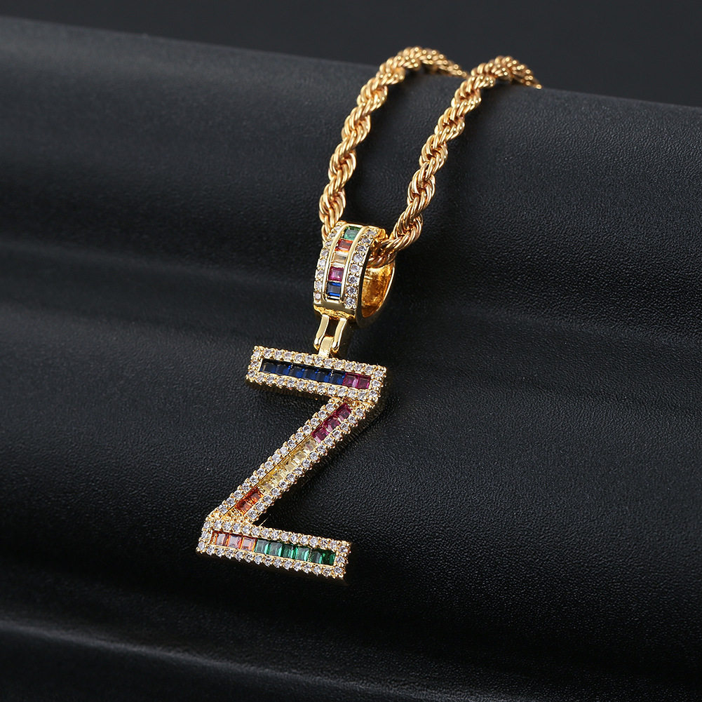 Hip Hop Color Zircon 26 English Letter Copper Necklace