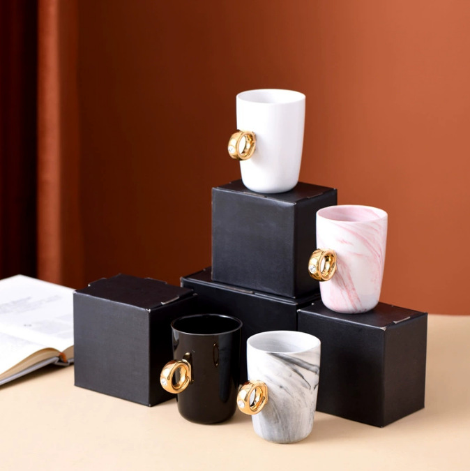 创意纯色情侣戒指陶瓷水杯礼盒装手柄马克对杯咖啡礼品杯便携简约