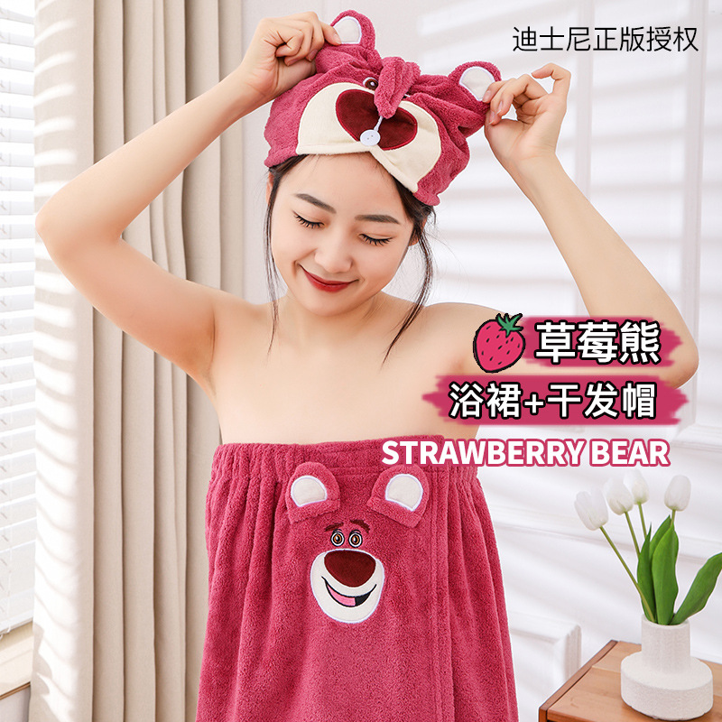 딸기 곰 목욕 원피스 흡수성 두꺼운 머리없는 목욕 타월 대형 여성용 웨어러블 랩 긴 목욕 가운 빠른 헤어 후드