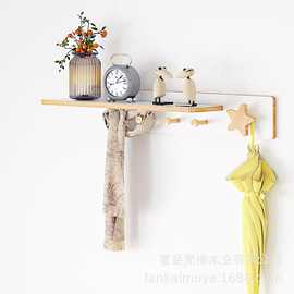 实木衣架带搁板壁挂支架可爱星星挂钩4个挂架木质儿童房间装饰品