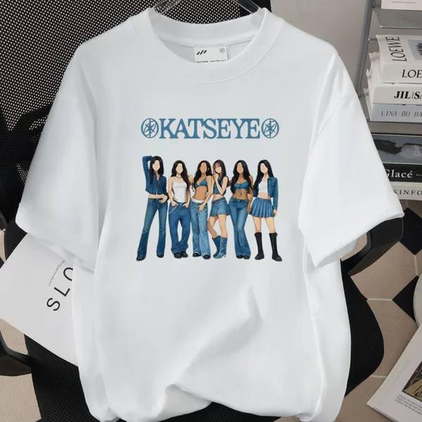 Katseye Girl Group Printed T-Shirt Loose Trendy Top European and American Best-Selling 260g Pure Cotton Short-Sleeved Shirt 60123-4