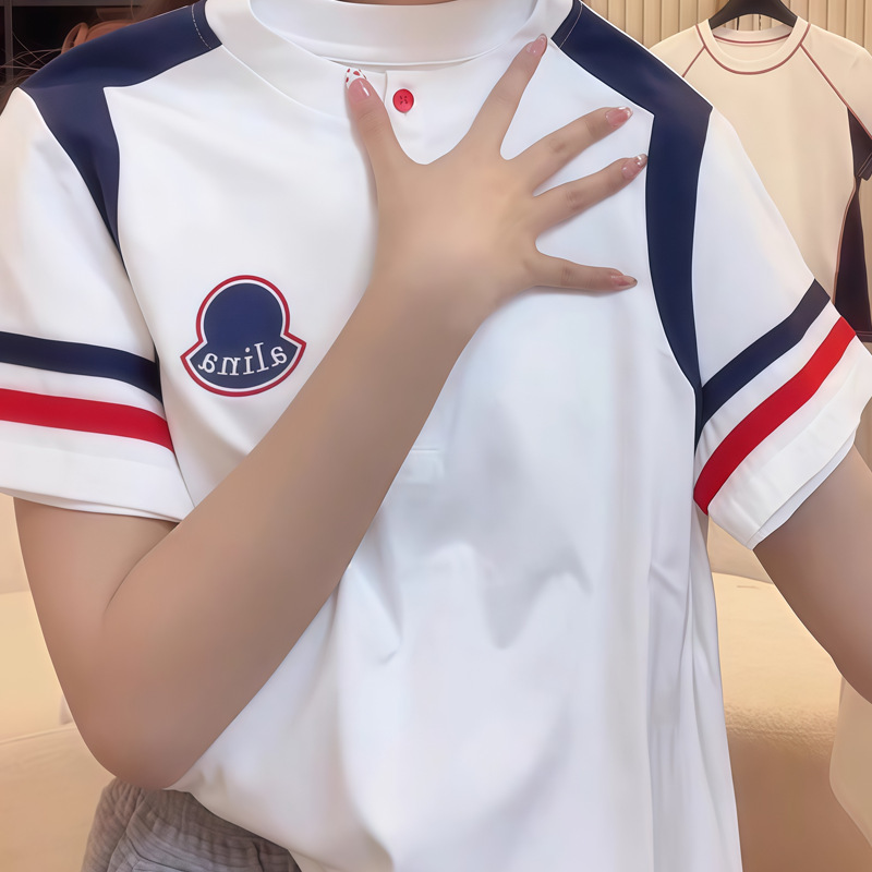 ピュアコットンハーフオープンカラーコントラストストライプ半袖Tシャツ女性用2025夏新作ルーズ韓国スタイルニッチカジュアルトップ|undefined