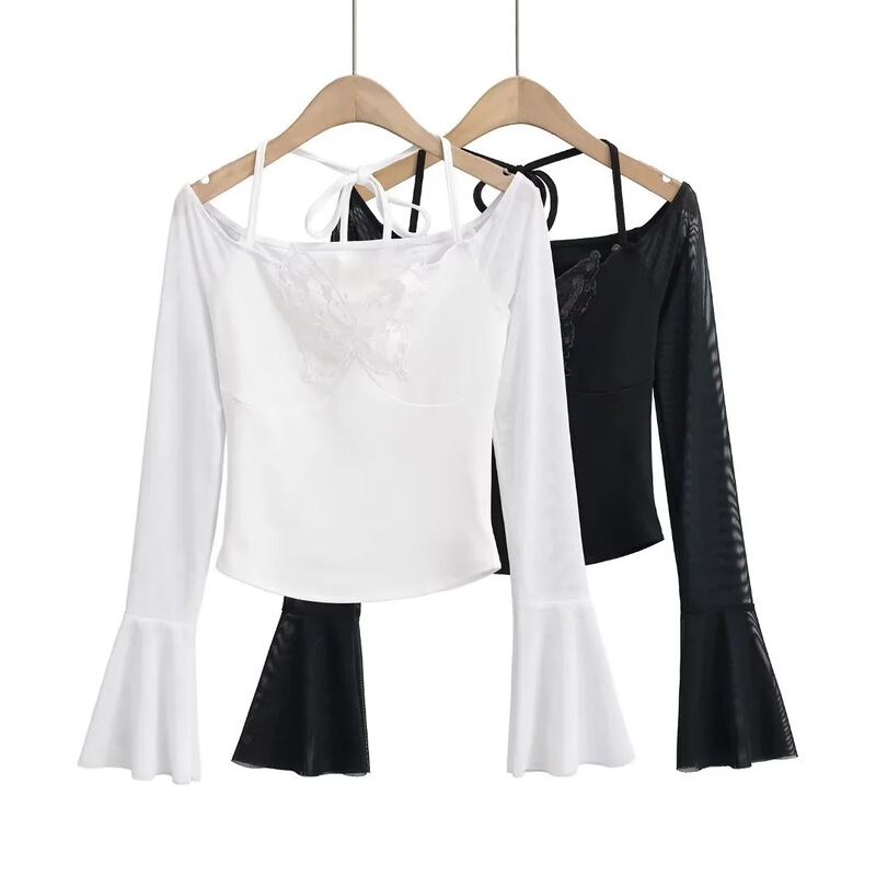 2024 Spring and Autumn Unique Sweet Spice Girl Sexy Tight Short Slim Shoulder Belt Small Top Base Shirt for Women