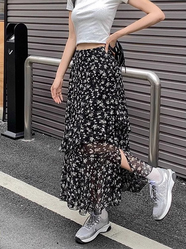 Chiffon Floral Ruffled High-Waisted Slit Skirt for Women | Spring/Summer Loose-Fitting, Slimming, and Versatile Midi Dress