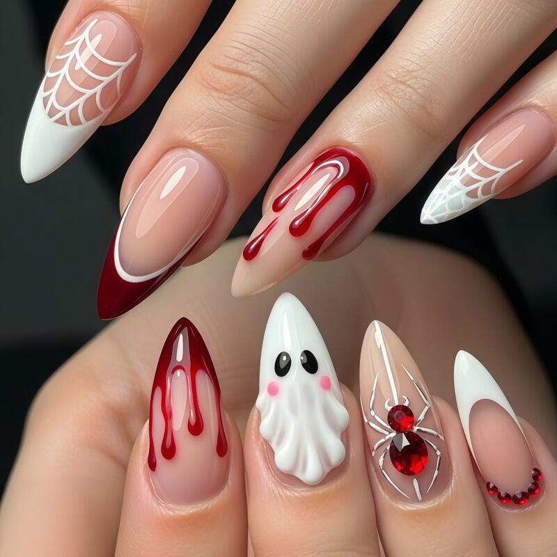 Halloween Blood Drop Ghost False Nails, Sweet and Cool Spider Web French Manicure, Wearable Nails Wholesale, Eco-friendly Material Halloween Blood Drop Ghost False Nails, Sweet and Cool Spider Web French Manicure, Wearable Nails Wholesale, Eco-friendly Material