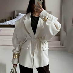 外贸新款亚马逊跨境欧美女装2025秋高级感收腰系带垫肩西装外套女