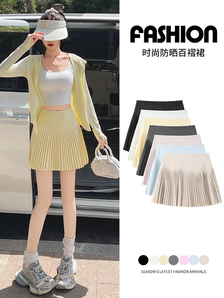 Milk Yellow Ice Silk Pleated Skirt Women's Summer High Waist A- Line Slimming Skirt Tennis Yoga Sunscreen JK Short Skirt