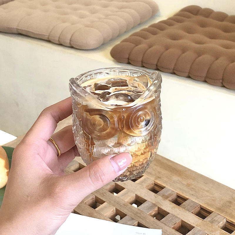 创意猫头鹰咖啡杯高颜值拿铁杯美式浮雕复古高白料玻璃杯洋酒杯