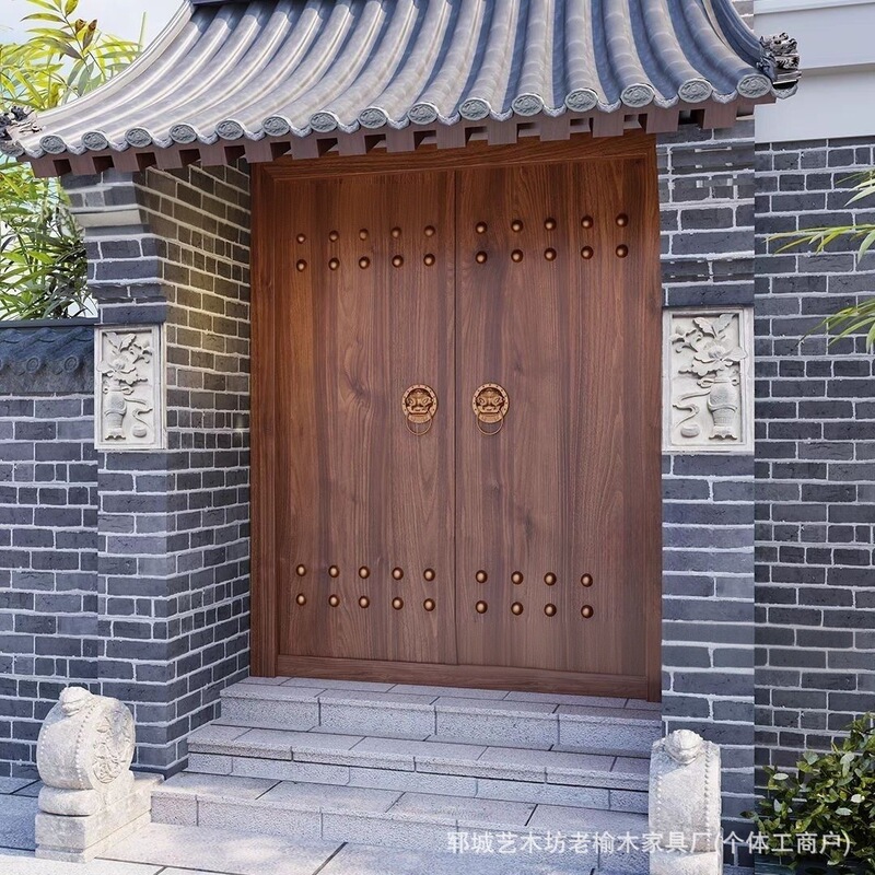 Antique-style elm wood door for farmhouse and homestay, retro main entrance, double-door elm wood door for ancestral hall, mid-century style decorative door Antique-style elm wood door for farmhouse and homestay, retro main entrance, double-door elm wood door for ancestral hall, mid-century style decorative door
