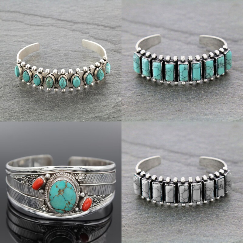 New Xizang Geometric Square Turquoise Leaf Bracelet Retro Cross-border Carving Metal Opening Bracelet Travel Old