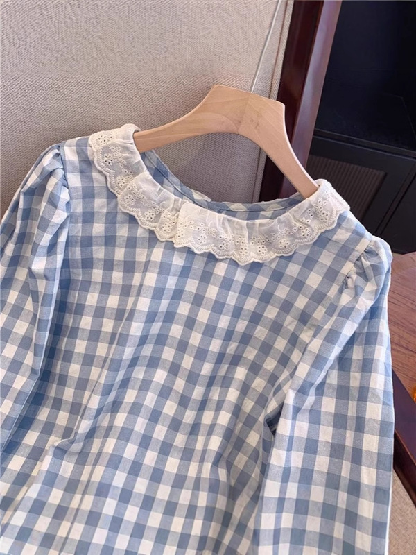 蓝色格子长袖衬衫女2025夏季新款小清新蕾丝边圆领小个子衬衣上衣|undefined