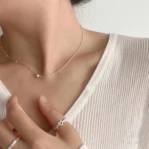 All-over 925 sterling silver simple asymmetric round bead snake bone splicing necklace for women with niche design and minimalist temperament