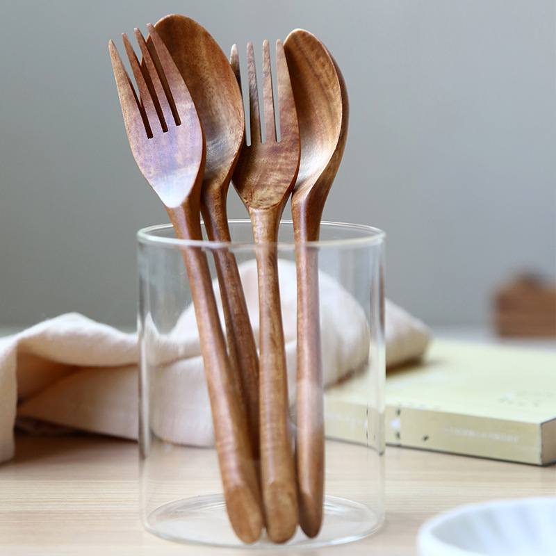 Transfronterizo nuevo Nogal Negro oblicua manivela cuchara de madera hecho a mano teca comer sopa cuchara ensalada de madera maciza tenedor