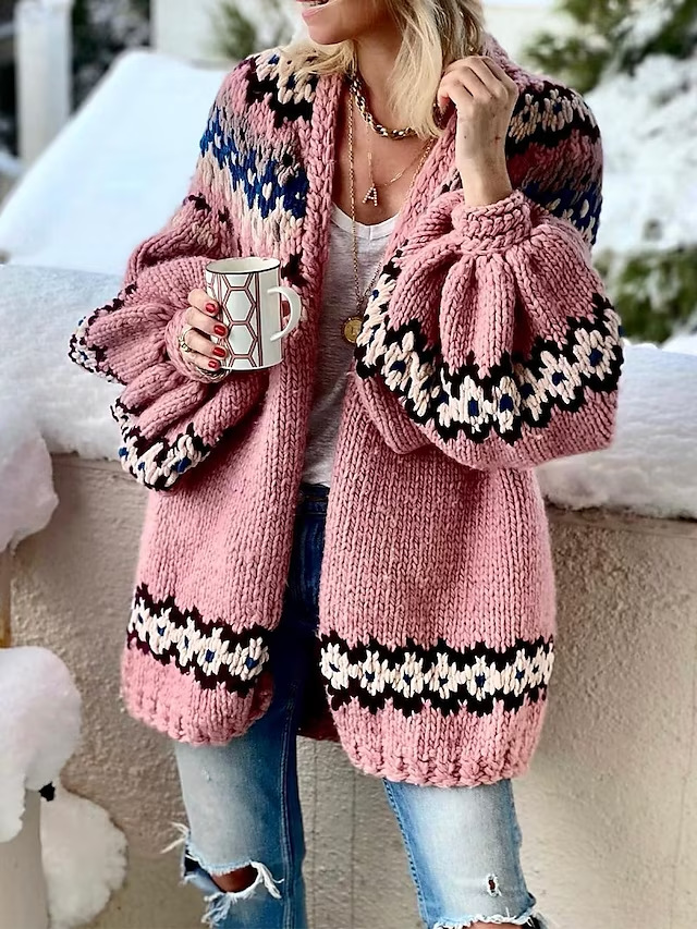 Transfronterizo europeo y americano nuevo Otoño e Invierno grueso lana desgaste exterior cardigan suéter de las mujeres de manga larga costura retro flor tejida abrigo grande