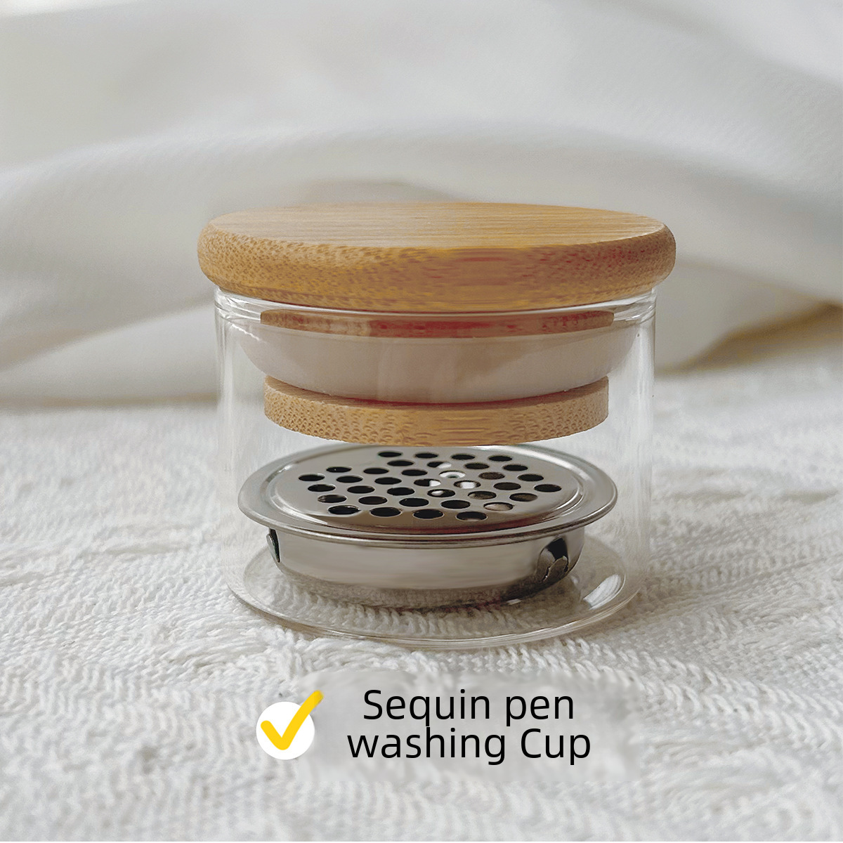 Net red nail art sequins wash pen cup with lid stainless steel mesh partition layered crystal cup brush cleaning touch pen tool