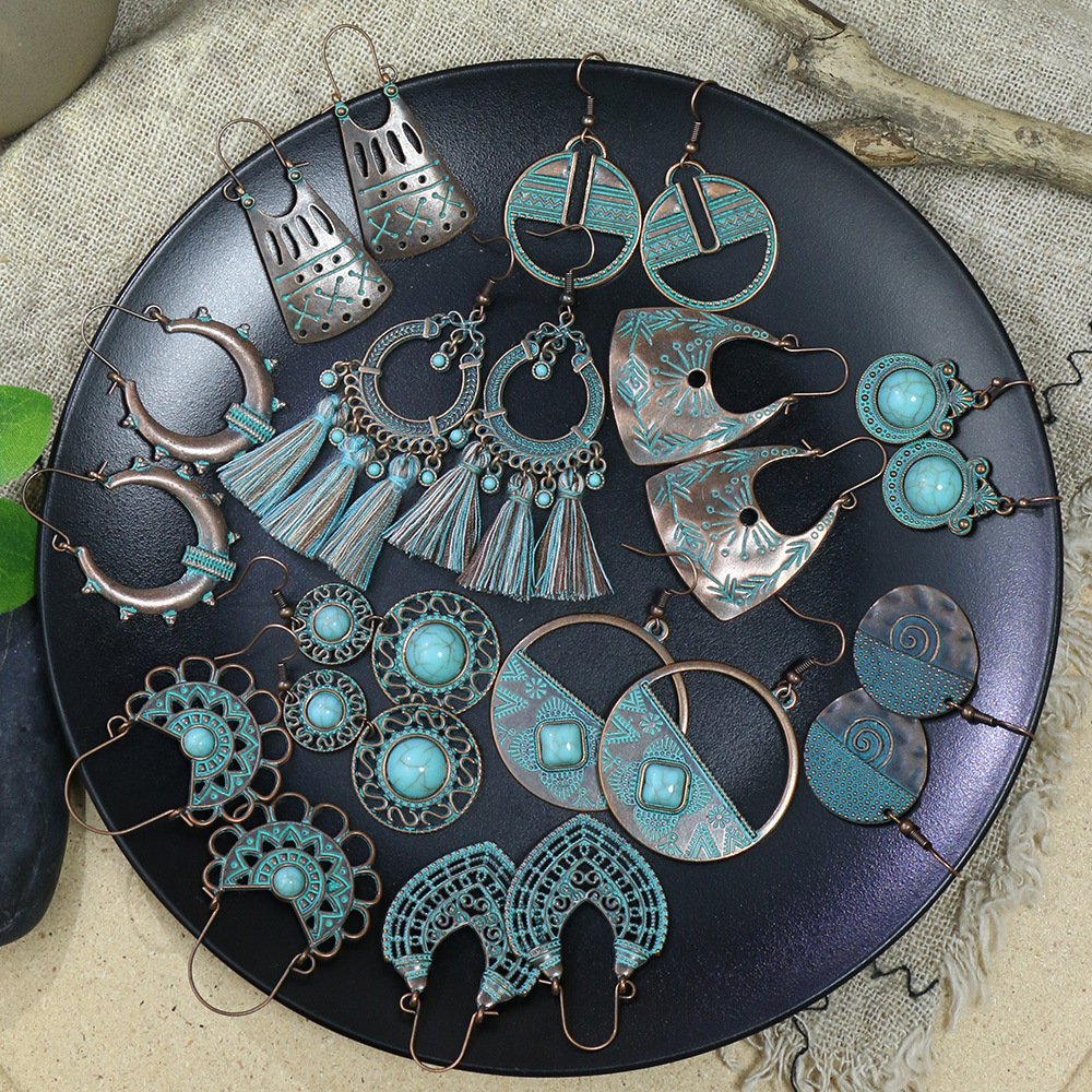 1 Pair Hip-Hop Retro Solid Color Inlay Alloy Turquoise Drop Earrings display picture 2