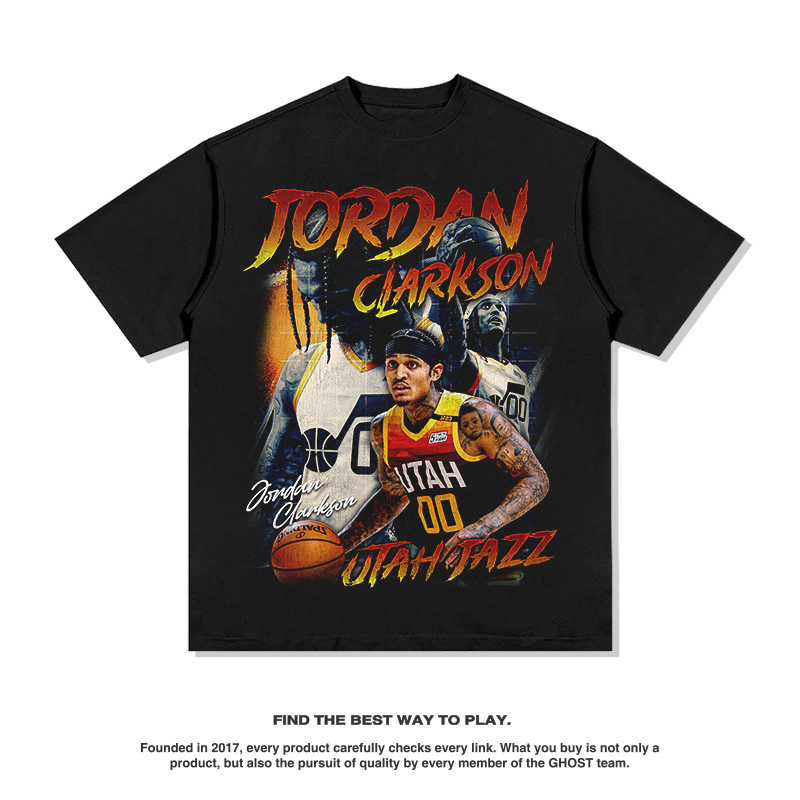 Clarkson American Star camiseta callejera hip-hop marca de tendencia impresión retro hacer viejo lavado pesado cuello redondo manga corta