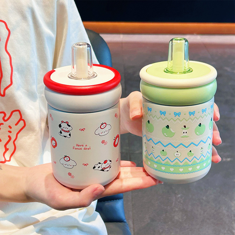 新型ins女子高颜値ストローカップ316ステンレス保温カップ陶磁器内胆カップ学生随行カップ|undefined