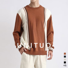 男装老钱风新款撞色条纹长袖t恤男款商务休闲圆领打底毛衣针织衫