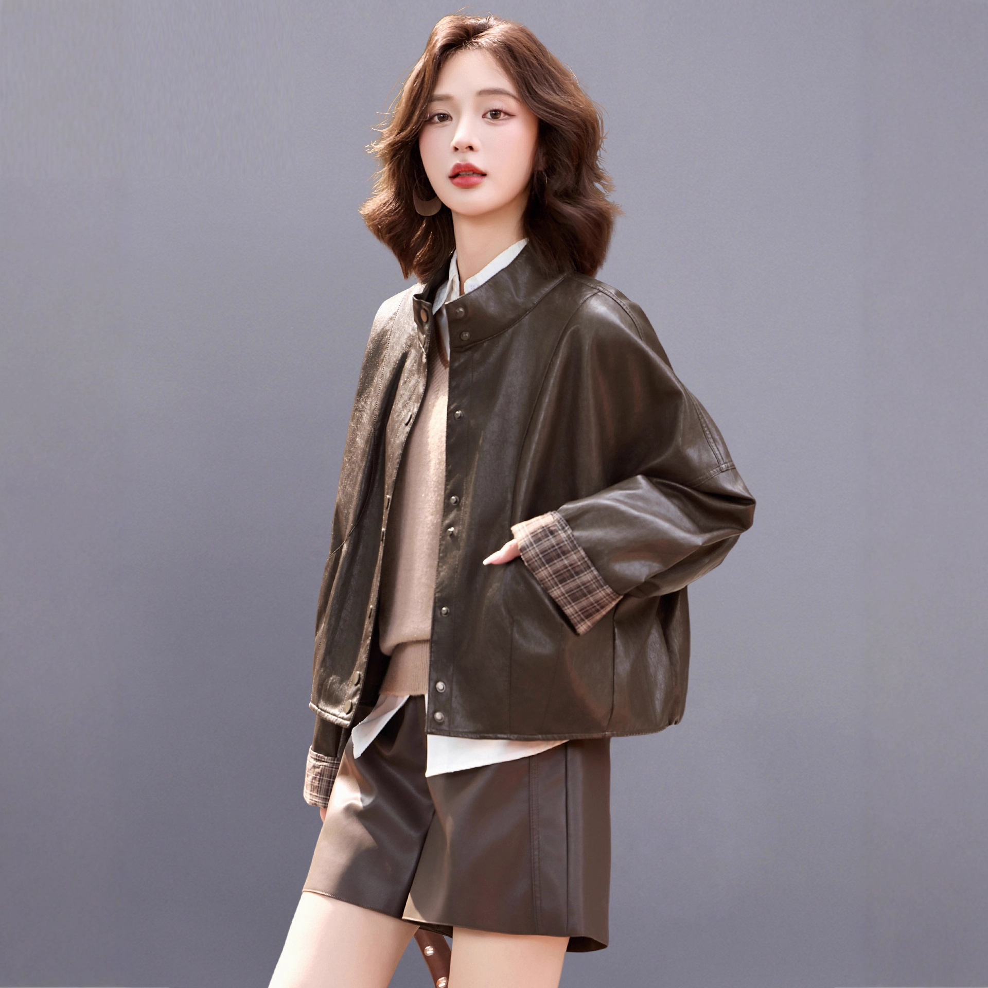 Stand Collar Leather Jacket Women's Short 2025 Autum New Style Korean Style Loose Casual Elegant Retro Jacket