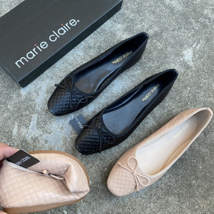 French-Style Flat Shoes with Knitted Plaid Surface, Shallow Mouth, Bowknot, Versatile for Pregnant Women, Slip-On Shoes