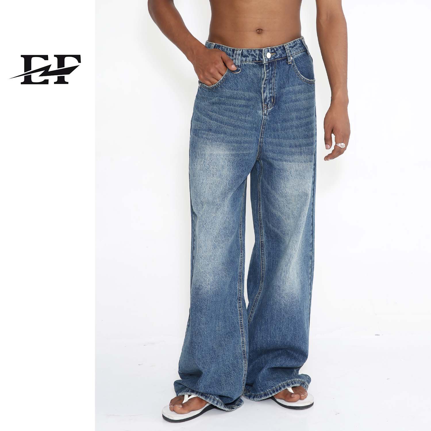 EF JEANS 复古港风宽松中高腰阔腿拖地牛仔长裤主图