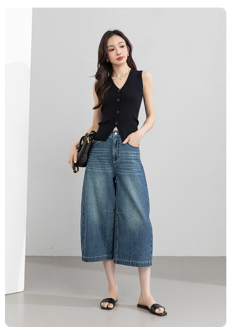 Quần jean nữ ống rộng cạp cao phong cách Mỹ retro, dáng suông rộng che khuyết điểm, dài 7–8 phân — màu xanh nhạt chi tiết 24
