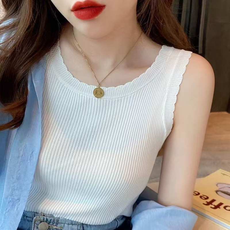 Women's Summer Vest with Wide Shoulder Straps and Ice Silk Suspender Design Niche Sleeveless T-Shirt Knitted Bottoming Top