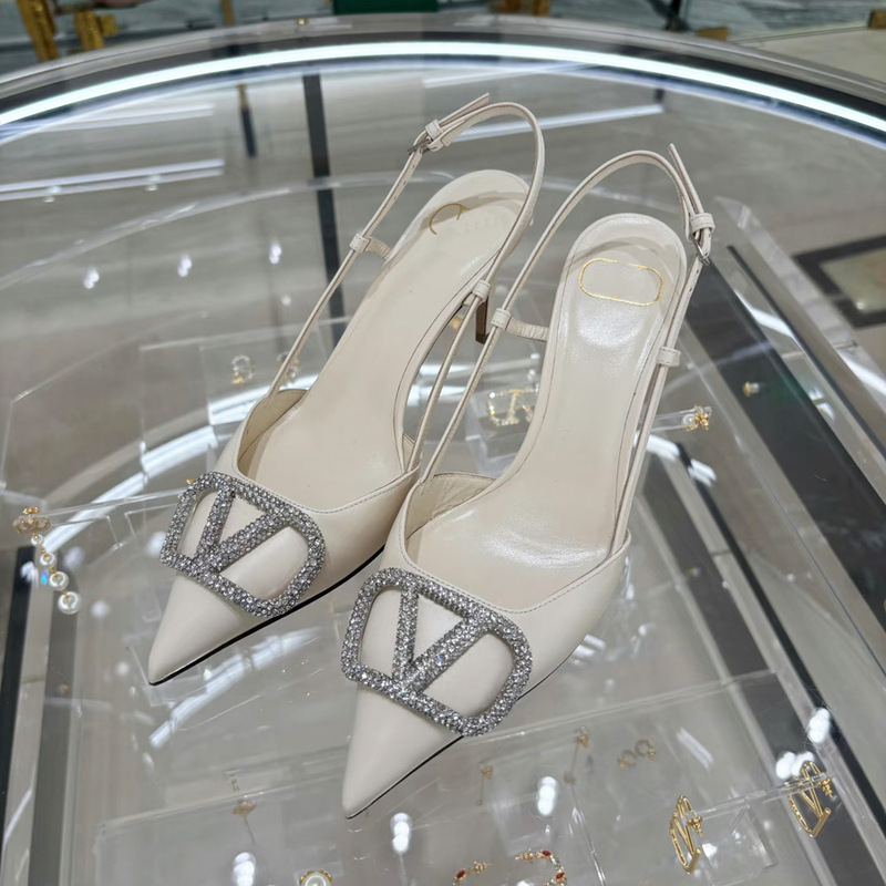 High-End Version 2026 V Brand Pointed-Toe Rhinestone High Heels for Women, Thin Heel, Open Back, V Buckle, Closed-Toe Sandals, Thin Strap Single Shoes