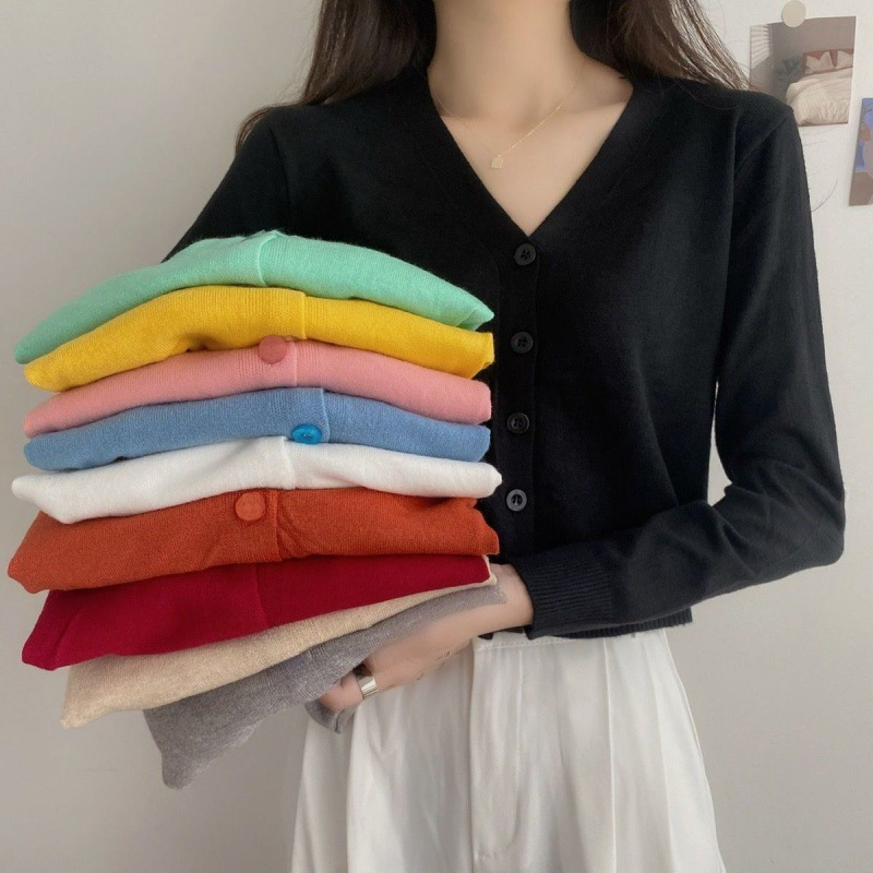 Suéter de manga larga para mujer del sudeste asiático 2022, cárdigan corto con cuello en V que combina con todo, suéter para mujer, top para mujer_voghion.com