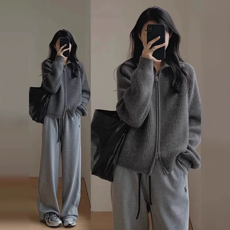 Вязаный кардиган с молнией ретро, свободный крой, демисезонный, серый, one size