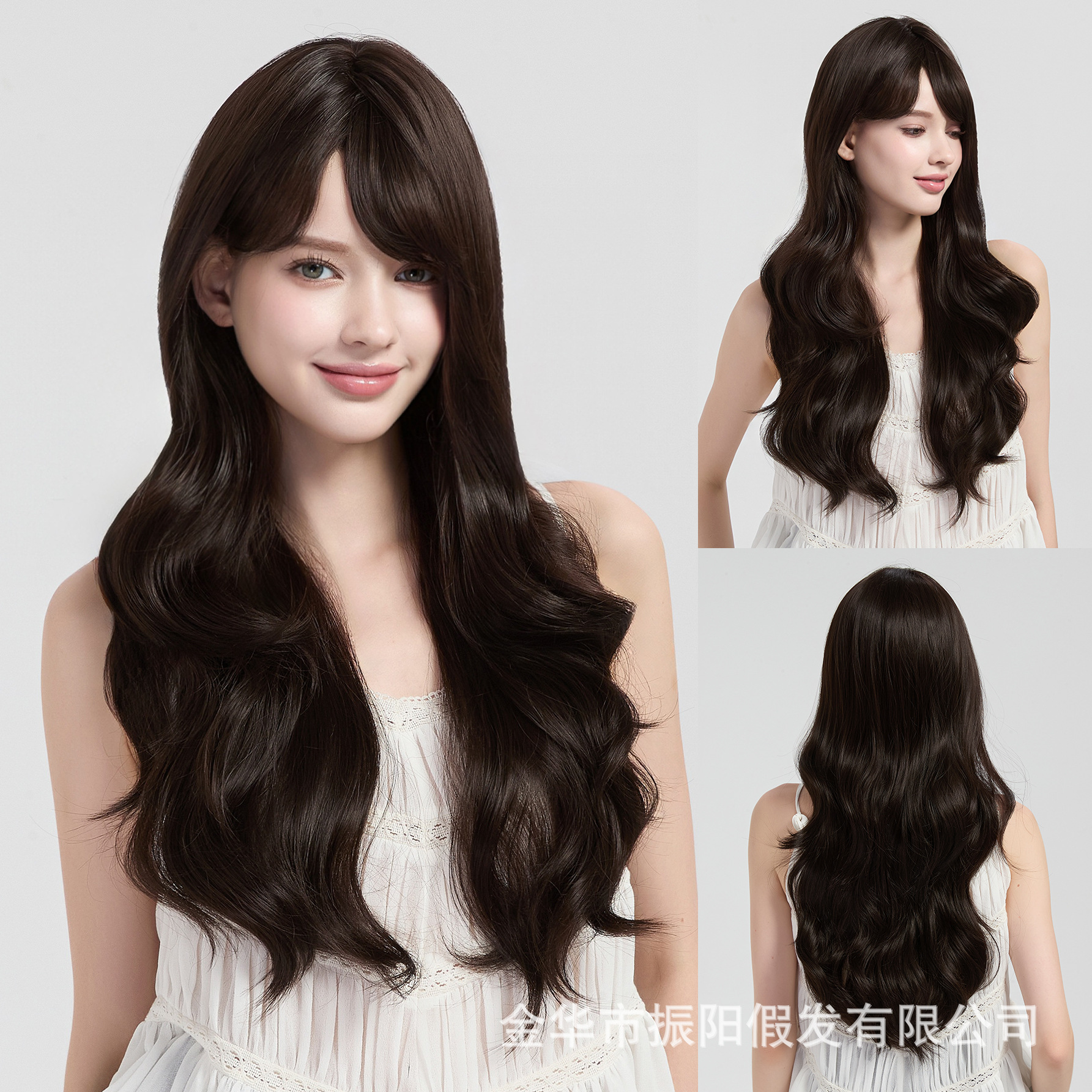 New Style Lazy Natural Wavy Cloud Perm Long Curly Hair with Middle Parting Bangs, Elegant Full Head Wig in Black Tea Color