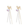 Purple small design advanced elegant earrings with bow from pearl with tassels, french style, orchid, high-quality style