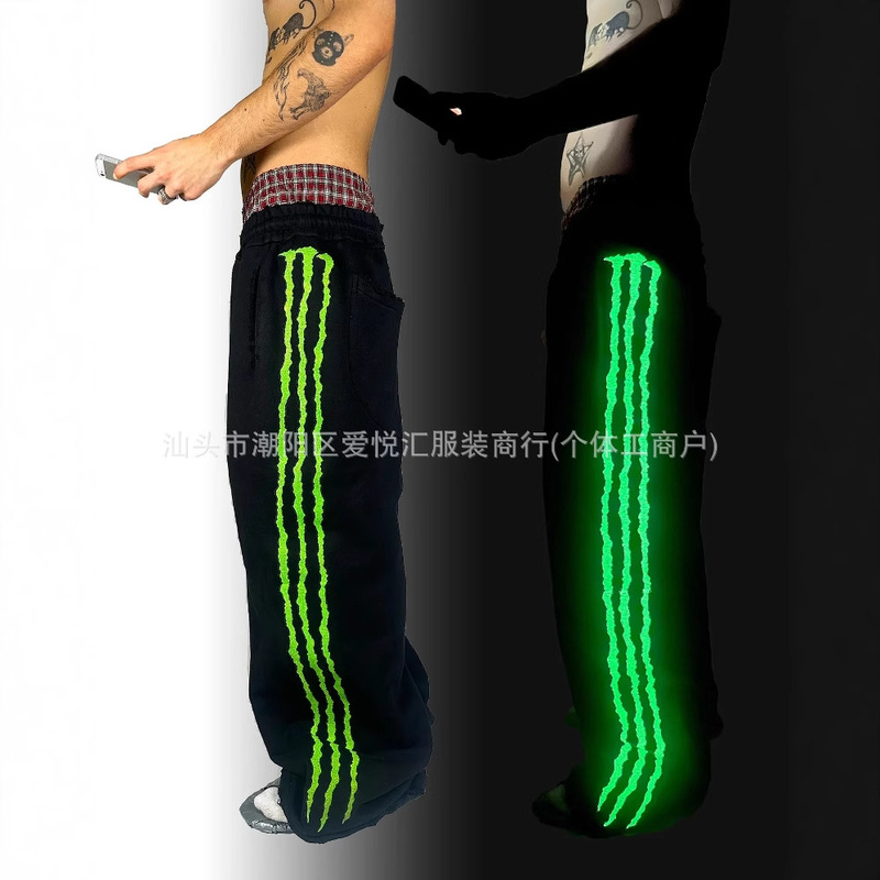 Loose Wide-Leg Straight Sports Pants Casual Cross-Border Night Glow American Striped Casual Parachute Pants for Men and Women