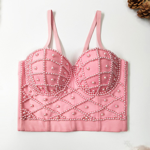 European and American AliExpress pearl camisole women's outer wear beautiful back exposed navel sexy short tube top sweet cool fishbone top