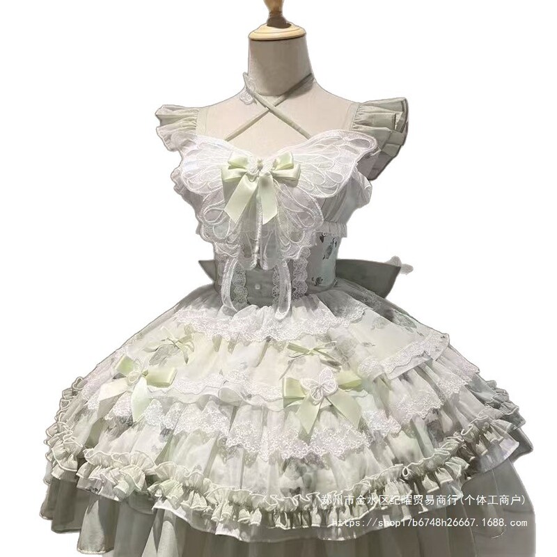 白と緑の蝶の夏の爽やかなロリータプリンセス女の子の誕生日スカートJSK成人式ドレステール|undefined