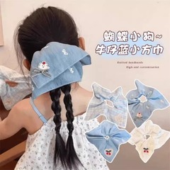 2025 新しい甘いヘアアクセサリー刺繍ラブスクエアスカーフ女性のヘアネクタイローポニーテールヘアアクセサリー工場卸売