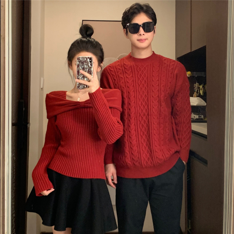 2024 년 가을 · 겨울 신년 커플 원피스 남녀 레드스웨터 올해 생활면허 약혼 1 원피스 1 원피스 세트