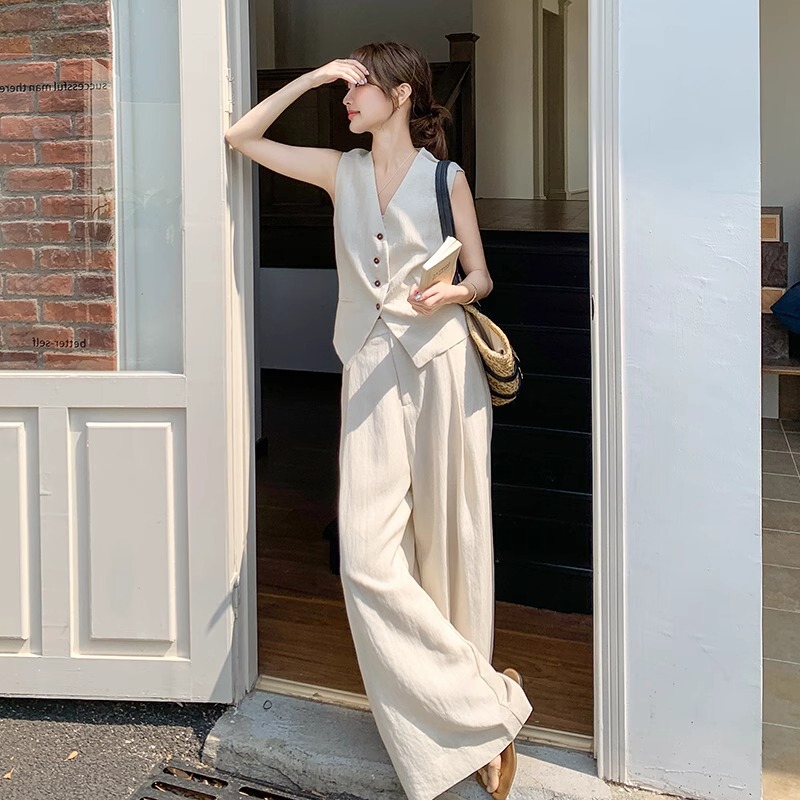 French Style High-End Outfit Suit for Women 2025 Summer New Style Old Money Style Vest Wide-Leg Pants Two-Piece Suit