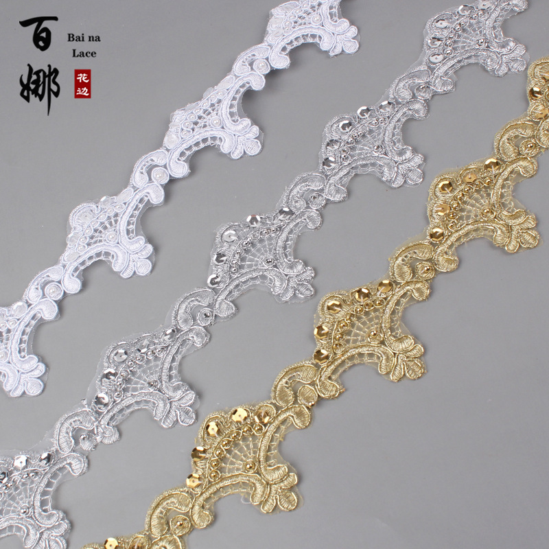 Baina Lace 6cm Wide Lace Trim with Beads for Home Textiles, Bedding, Tablecloths, Skirt Hem Decoration with Patterned Edging