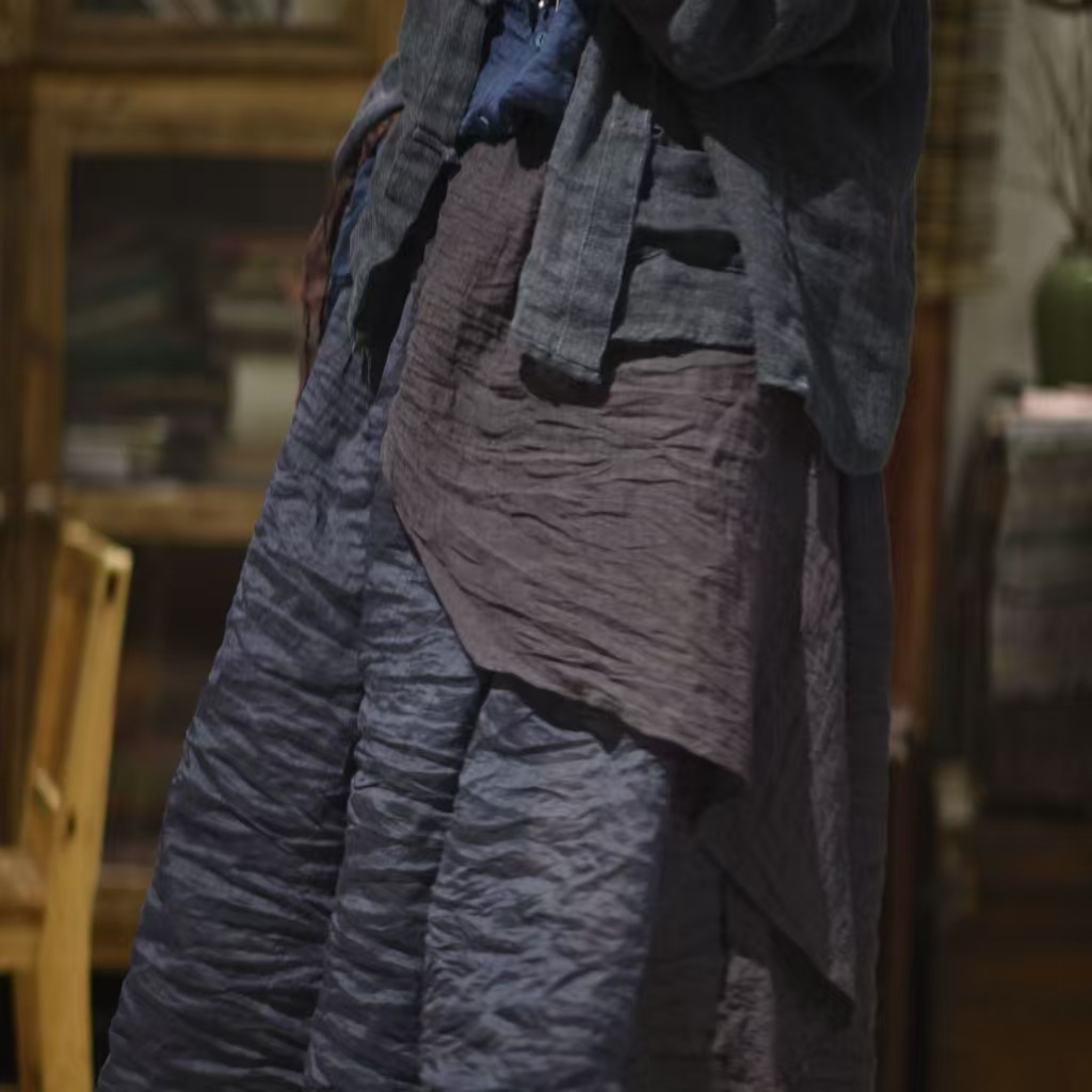 24/4 SN47 文艺气质抽绳亚麻拼接不规则松紧腰半裙围裙半身裙