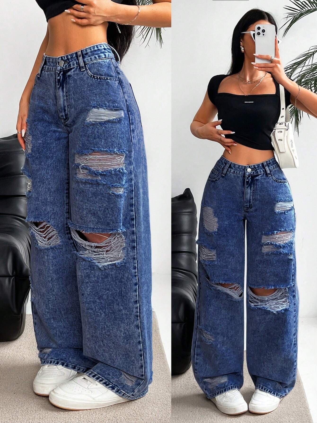 ​​Women's Relaxed Fit Straight Leg Jeans - Vintage Washed Denim, Wide Leg Comfort, Street Style Casual Pants For Everyday Wear​​_ecoleips.com